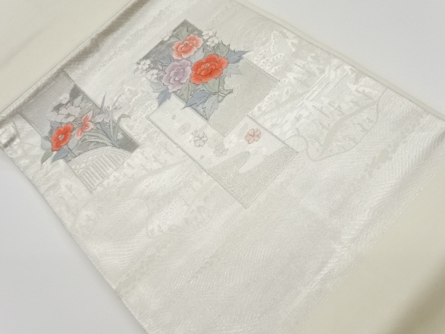 リサイクル　短冊に草花模様刺繍名古屋帯